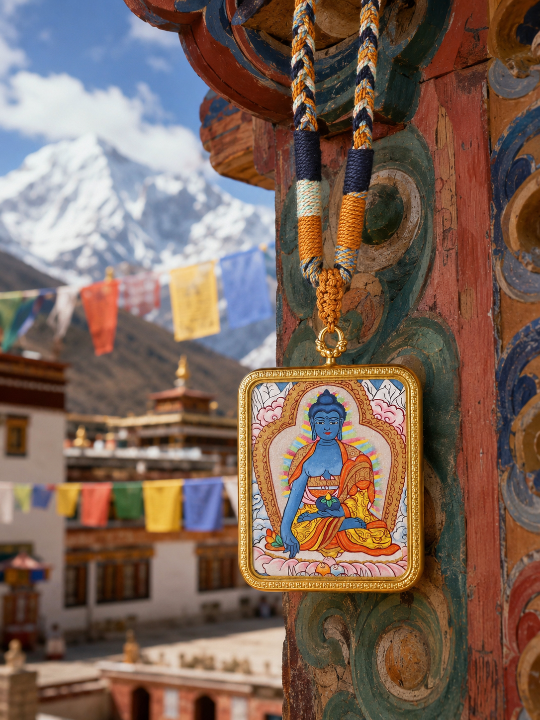 Medicine Buddha pendant hanging beside a painted column, with mountains in the background