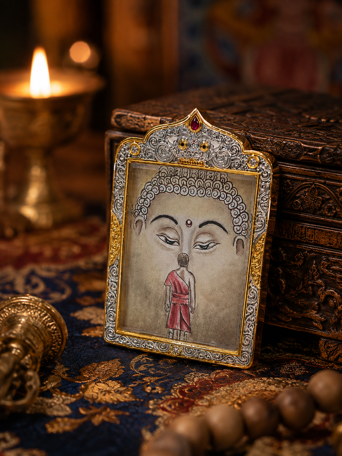 Shakyamuni thangka pendant with a large Buddha face and small red-robed figure in an ornate frame