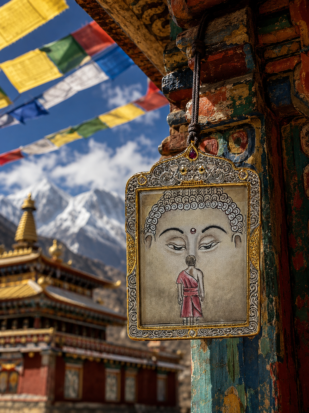 Shakyamuni pendant hanging beside a painted wooden post with prayer flags and mountains behind