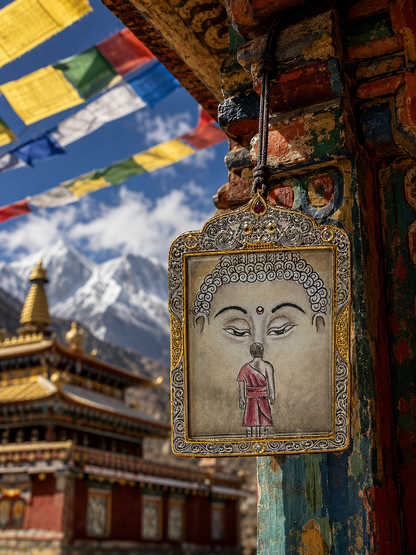 Shakyamuni pendant hanging beside a painted wooden post with prayer flags and mountains behind