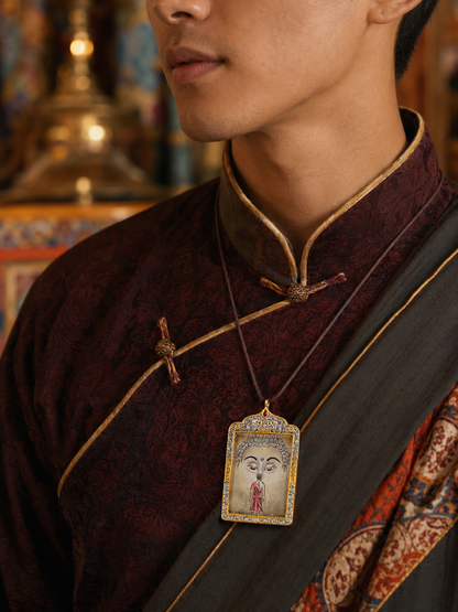 Shakyamuni thangka pendant worn over burgundy clothing, showing its tall ornamental frame