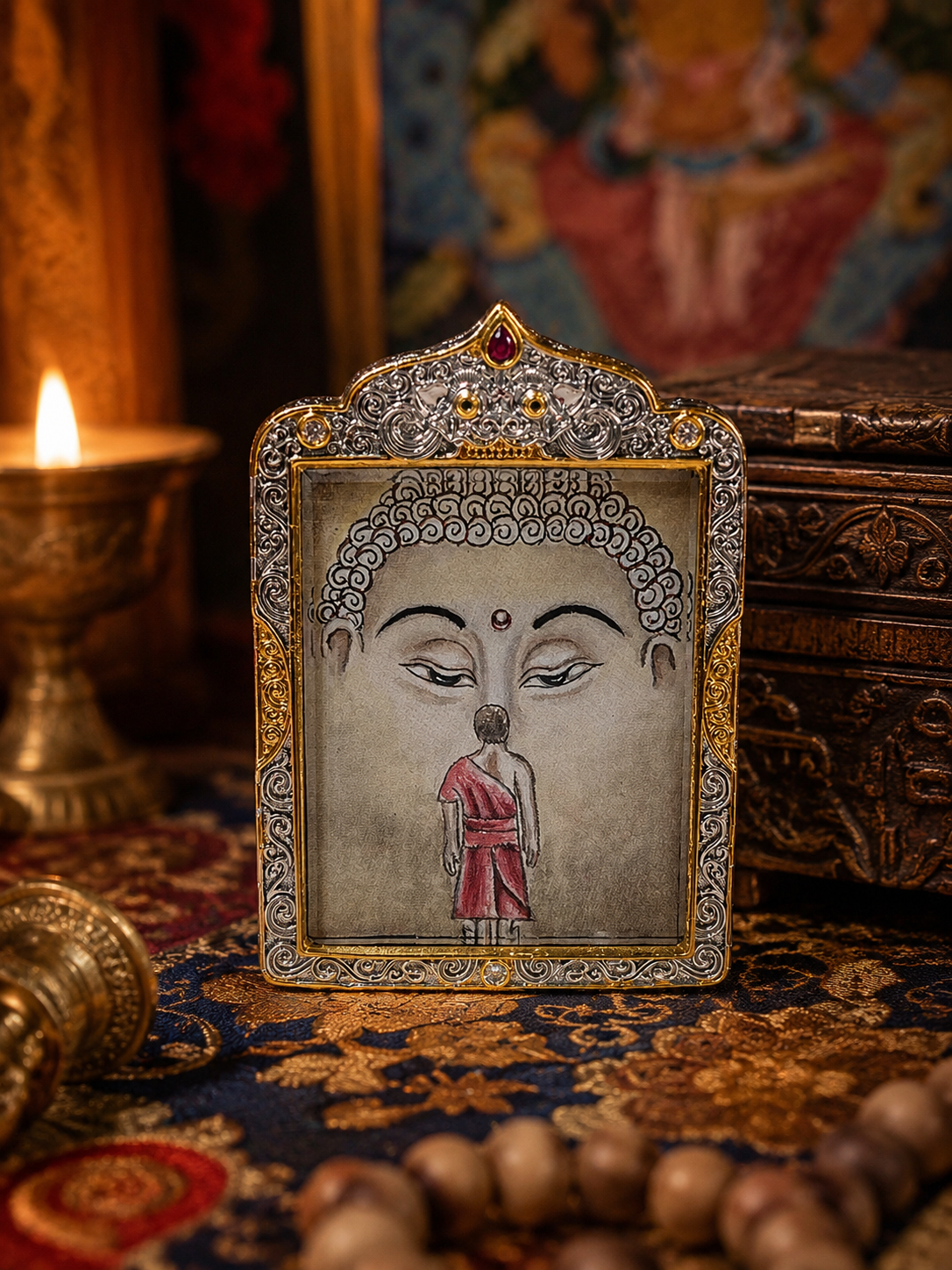 Front view of the Shakyamuni pendant, showing the painted face and small red-robed figure