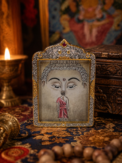 Front view of the Shakyamuni pendant, showing the painted face and small red-robed figure