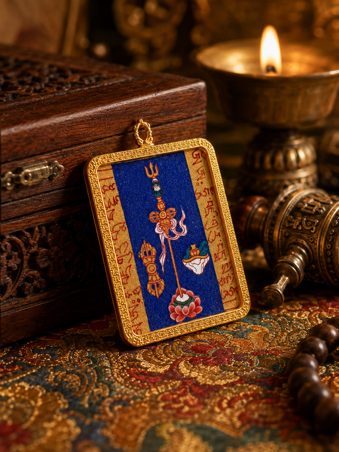 Padmasambhava Heart Mantra pendant resting at an angle against a carved wooden box