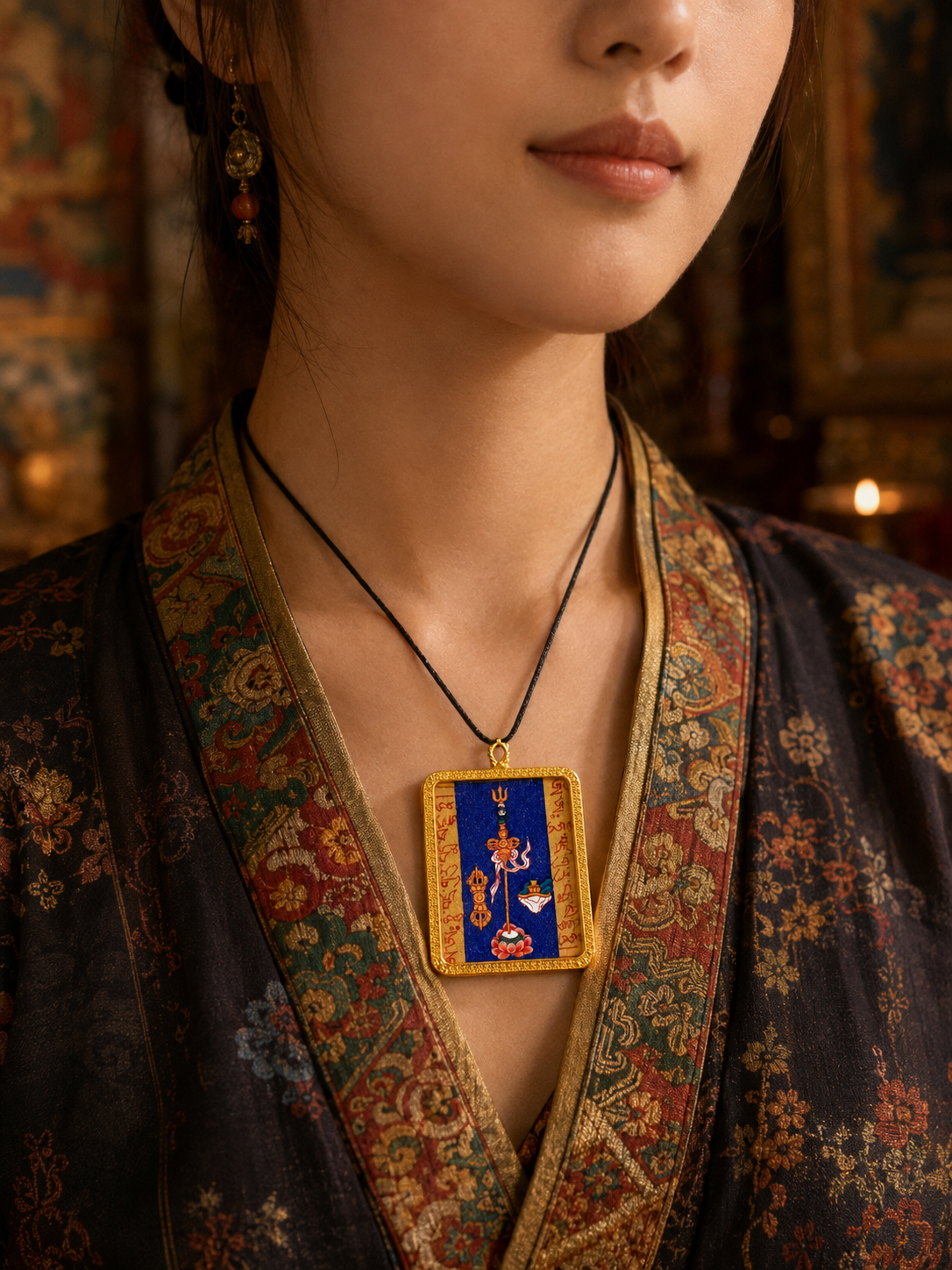 Padmasambhava Heart Mantra pendant worn on a fine dark cord over patterned clothing