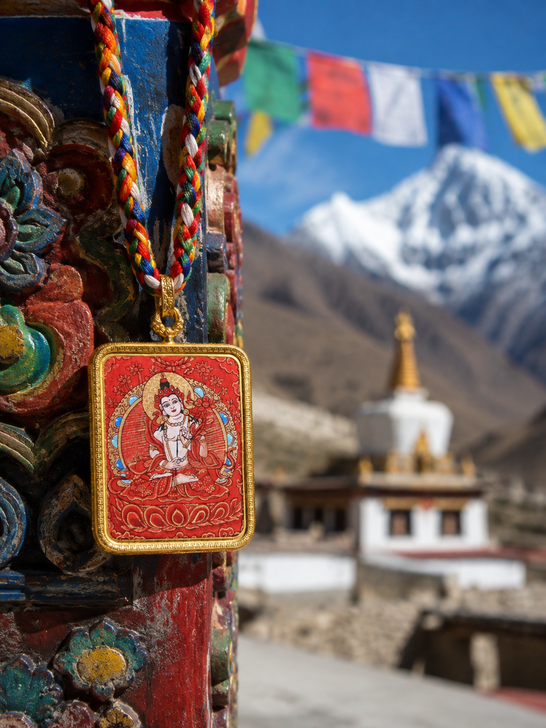 Red Mahasthamaprapta pendant hanging from a multicolored cord beside a painted post