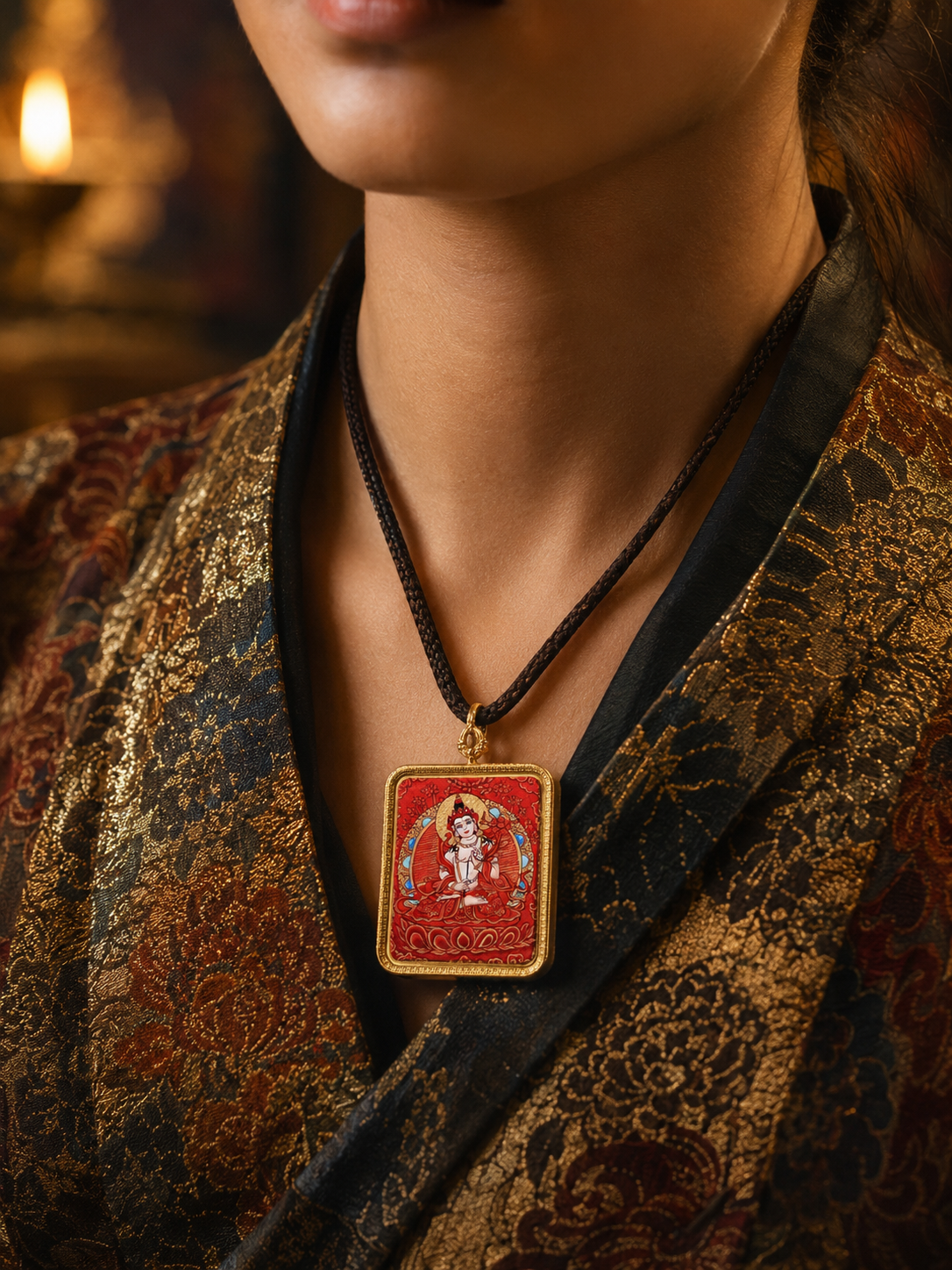 Mahasthamaprapta thangka pendant worn on a dark cord against patterned clothing