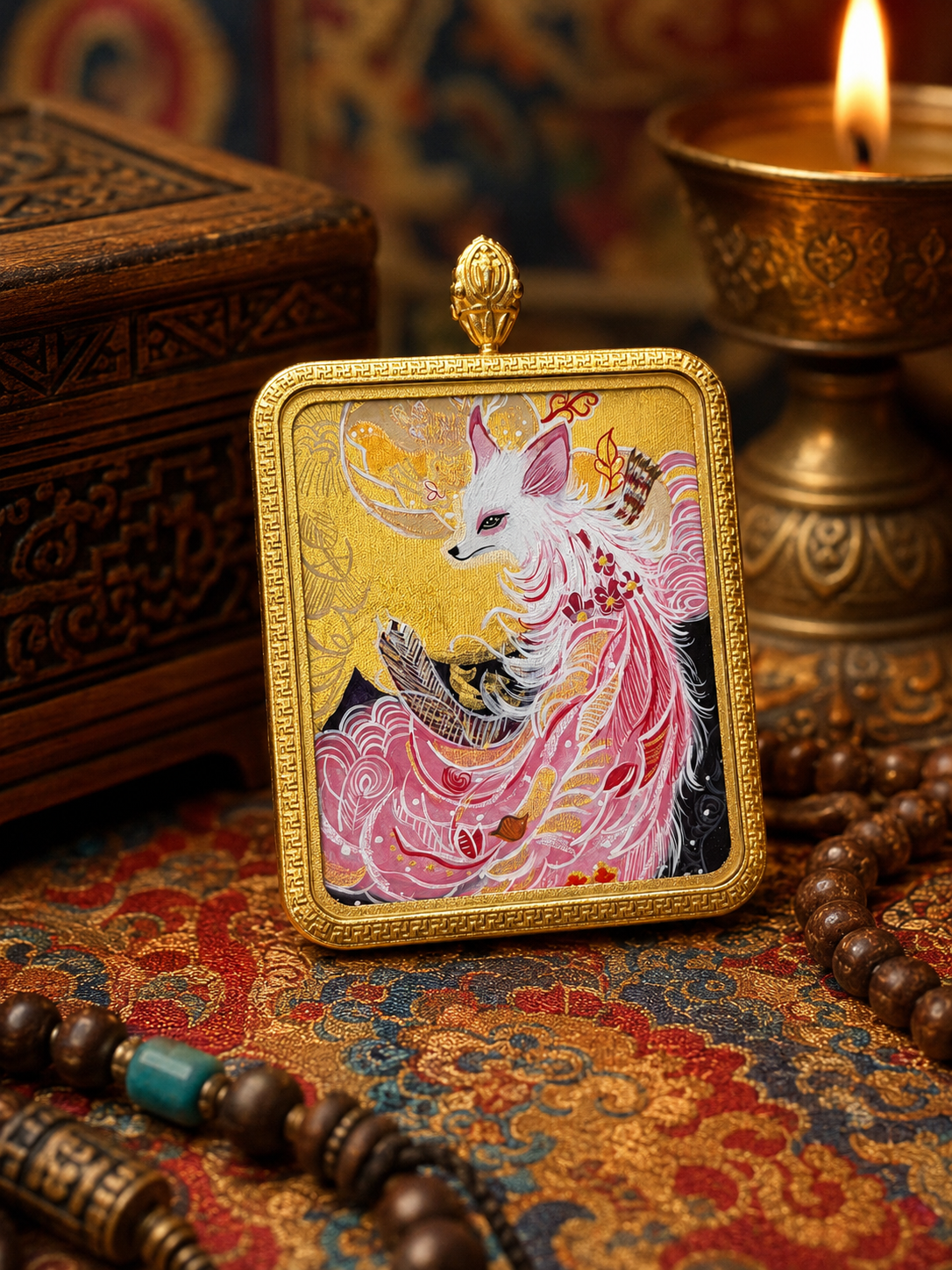 Nine-Tailed Fox pendant with a white fox and flowing pink forms against a yellow ground