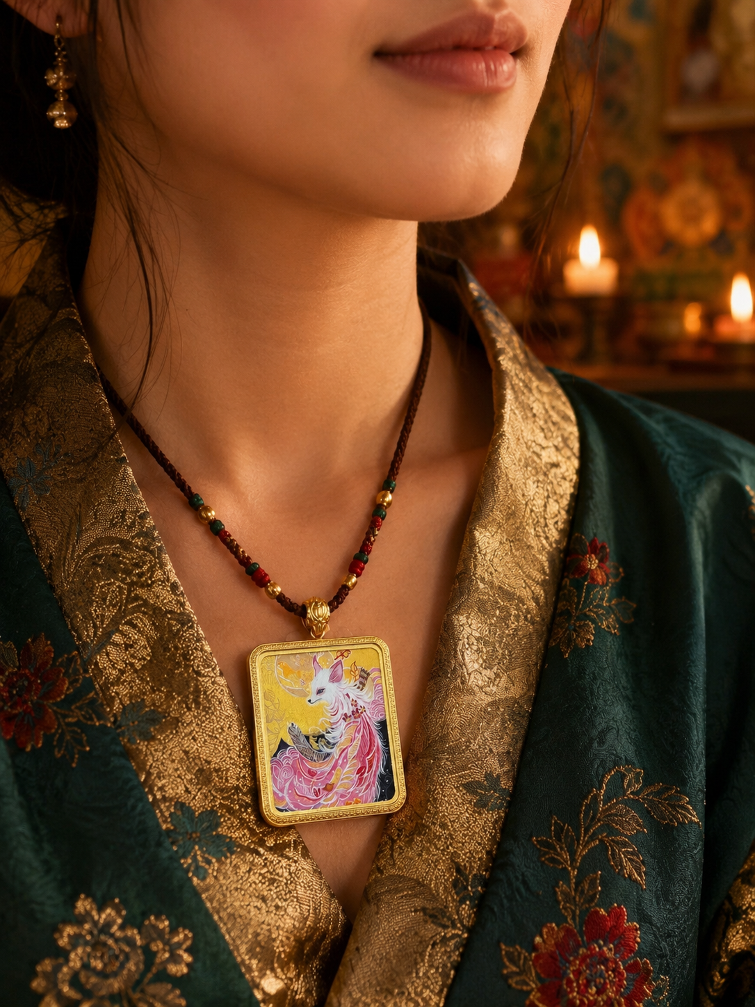 Nine-Tailed Fox thangka pendant worn on a dark cord over green patterned clothing