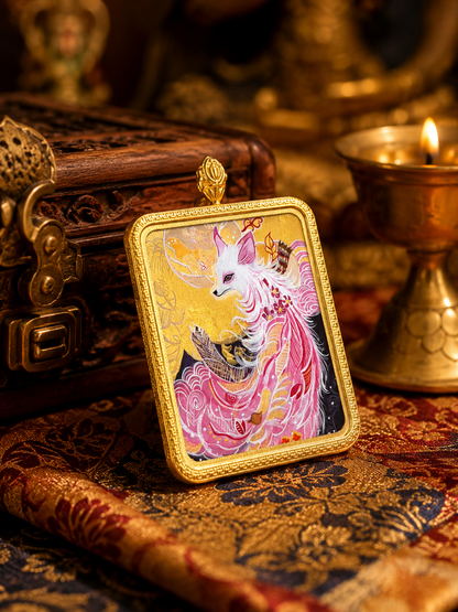 Angled view of the Nine-Tailed Fox pendant, showing its gold-colored frame