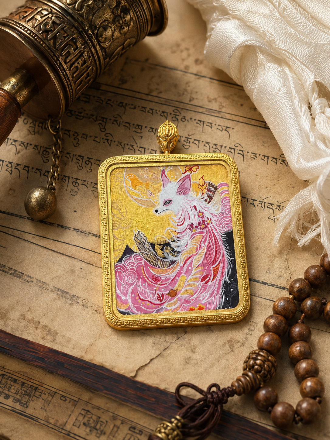 Nine-Tailed Fox pendant resting on printed pages beside cream fabric and wooden beads