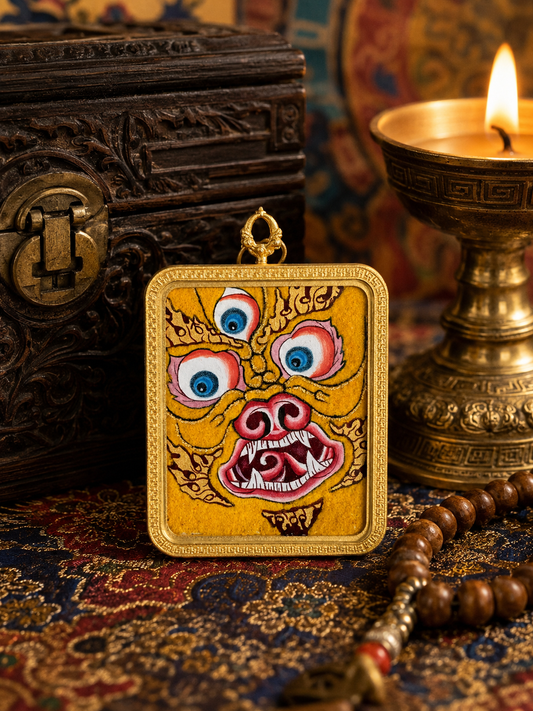 Yellow Jambhala-design pendant showing a three-eyed face on yellow in a gold-colored frame
