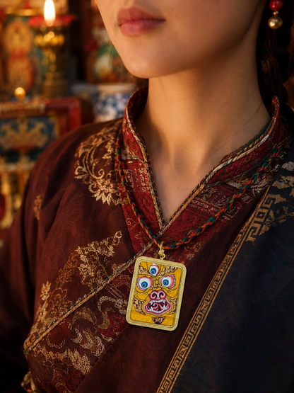 Yellow Jambhala-design face-motif pendant worn over burgundy patterned clothing