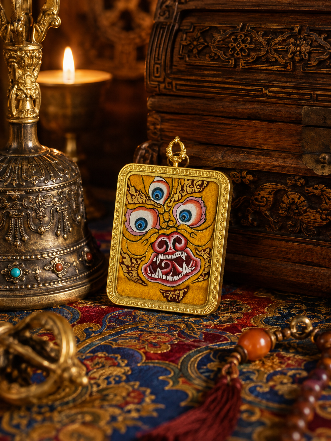 Yellow face-motif pendant standing against a carved box beside a metal vessel