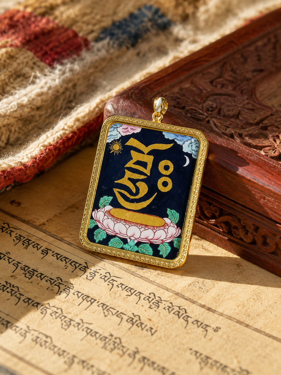 Zaki Lhamo Heart Mantra pendant with a gold-colored symbol and pink lotus on a dark ground