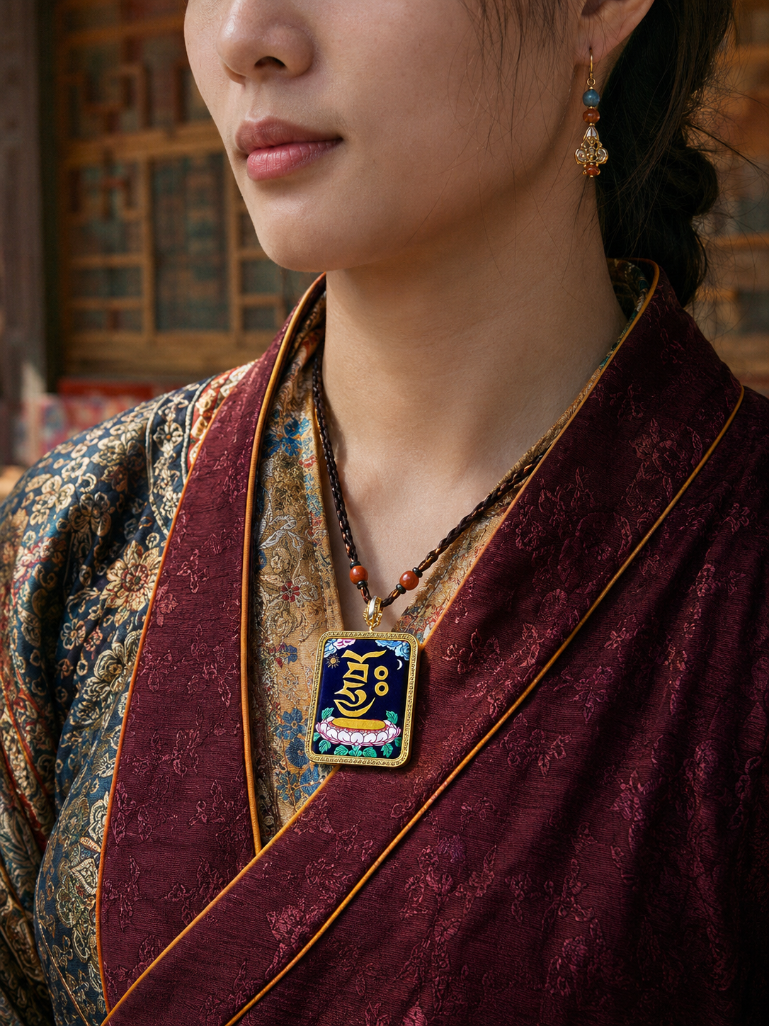 Zaki Lhamo Heart Mantra pendant worn over burgundy clothing on a beaded cord