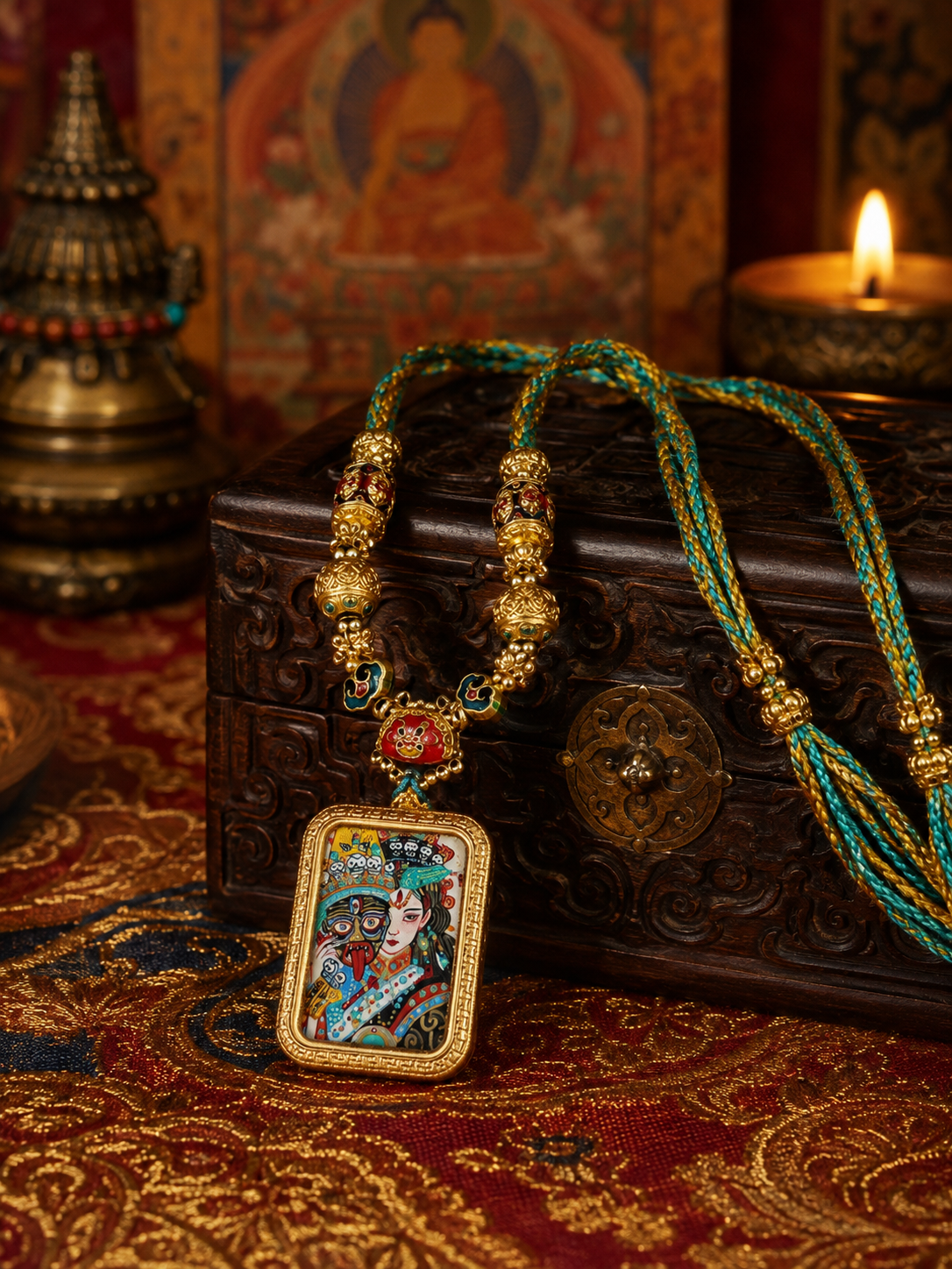 Zaki Lhamo thangka pendant with a green-and-gold braided necklace and decorative beads