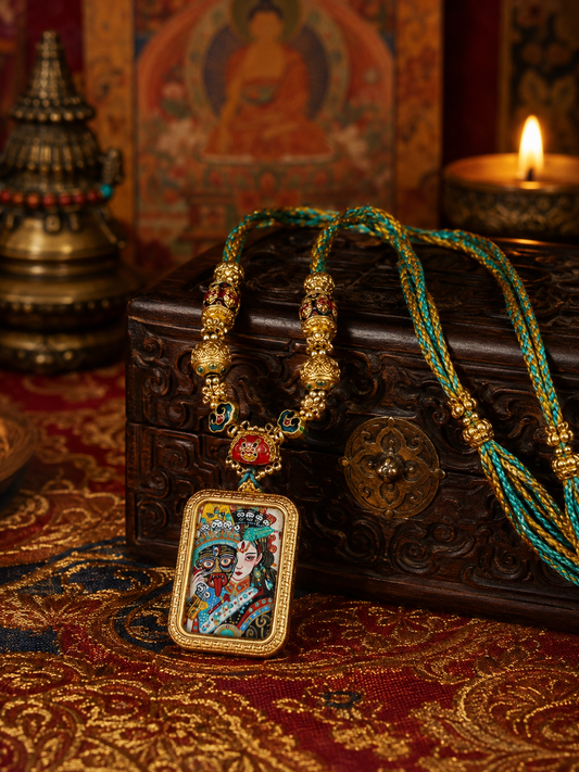 Zaki Lhamo thangka pendant with a green-and-gold braided necklace and decorative beads