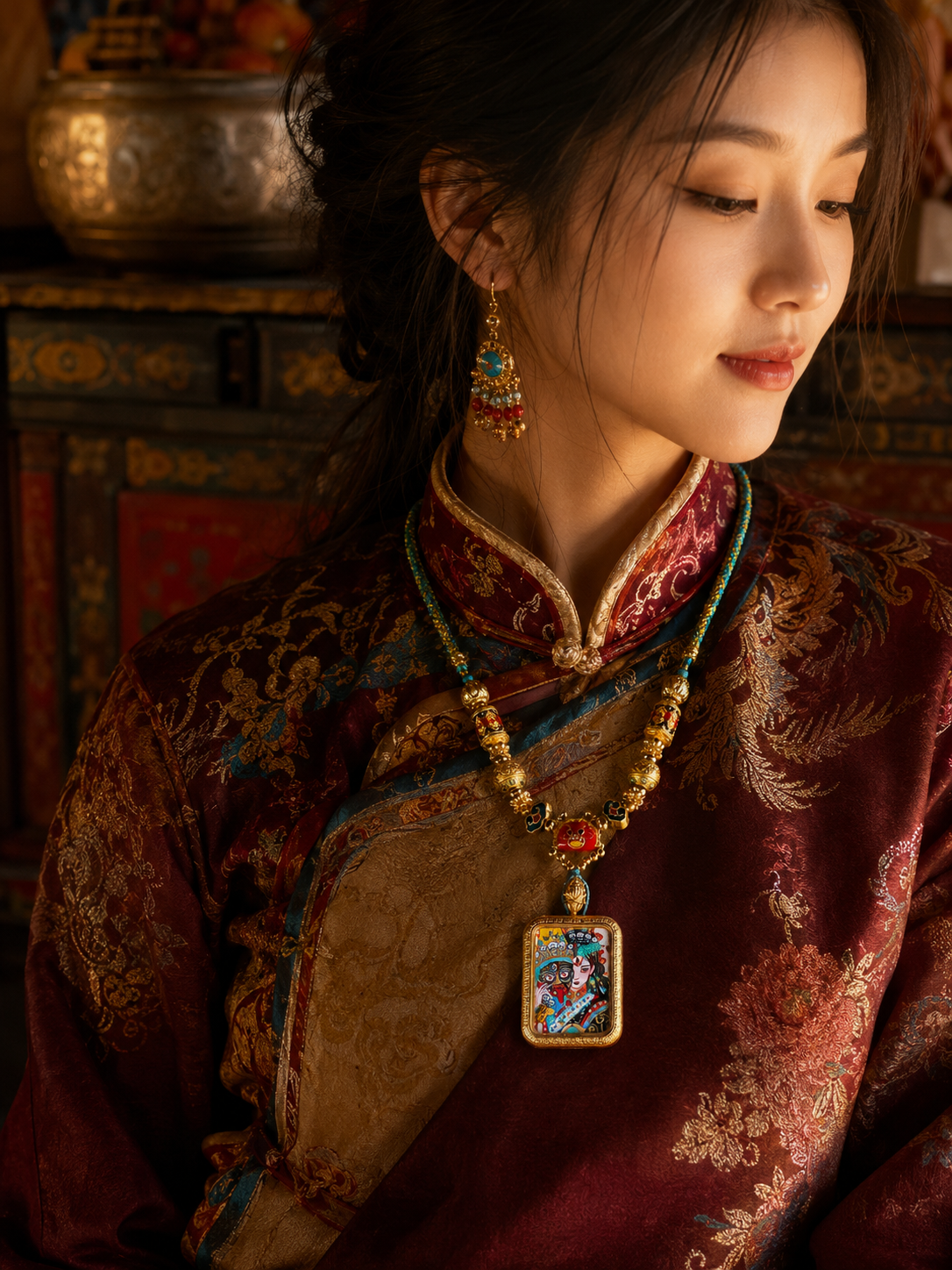 Zaki Lhamo thangka pendant worn on an ornate beaded cord over patterned clothing