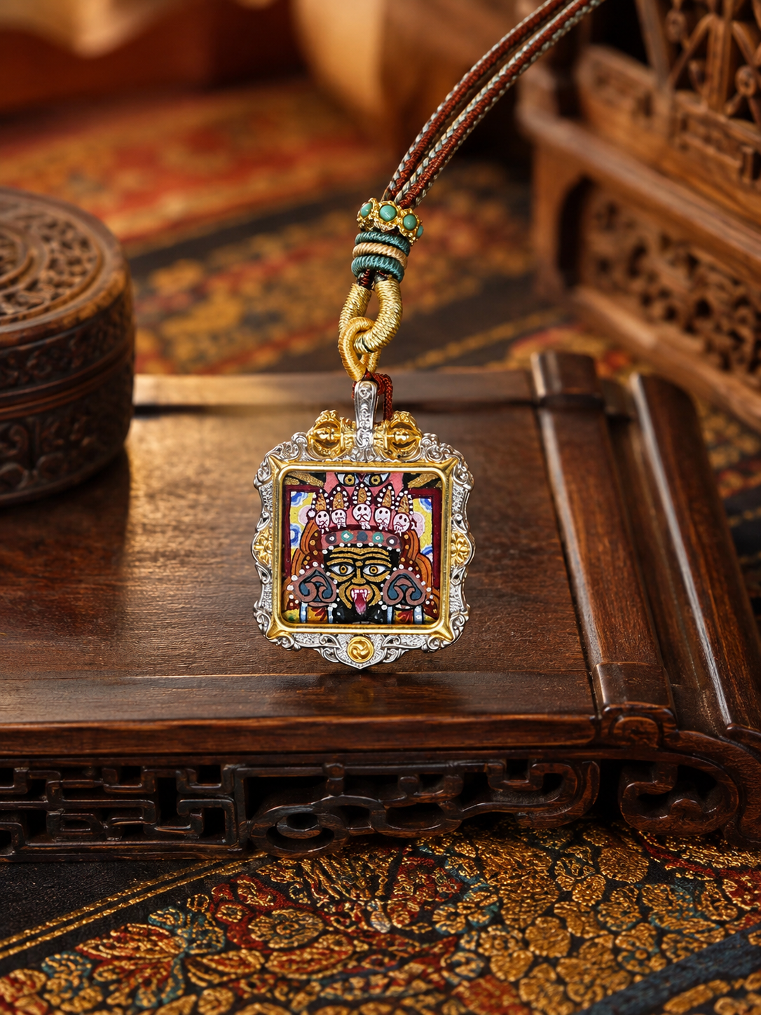 Square Zaki Lhamo ghau pendant with an ornate frame and decorative loop on a braided cord