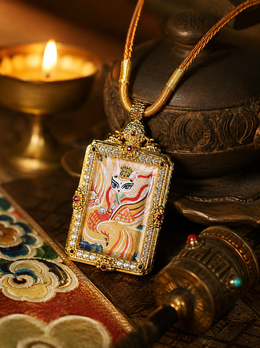 Fox Immortal pendant with a flowing pale fox motif in an ornate rectangular frame