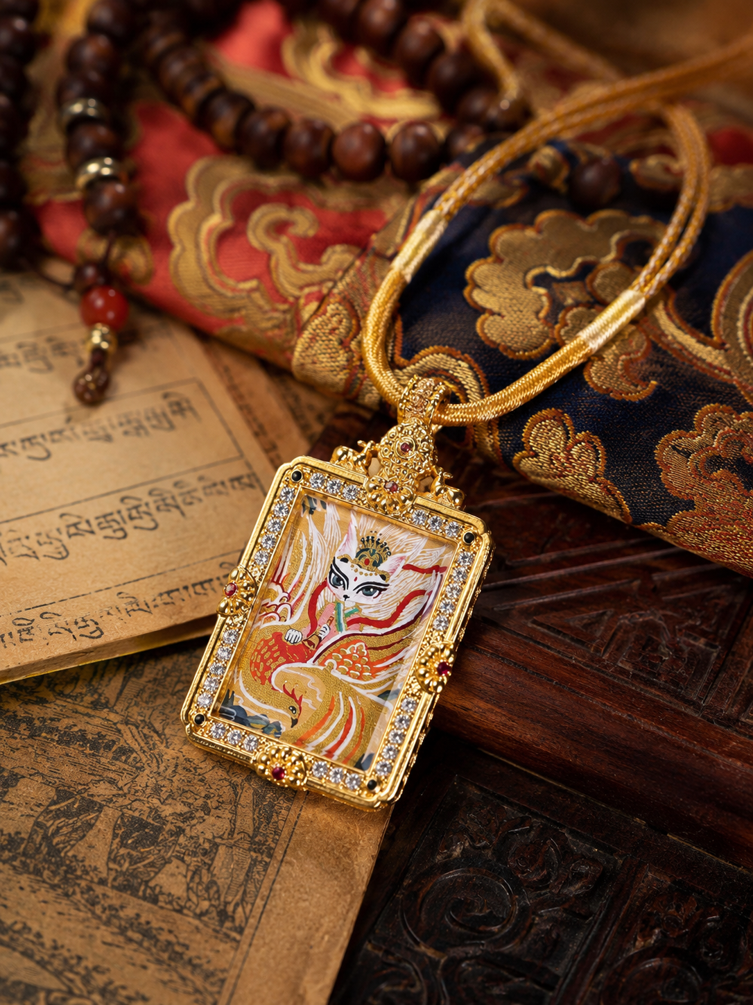 Fox Immortal pendant and golden cord laid beside printed pages and patterned fabric