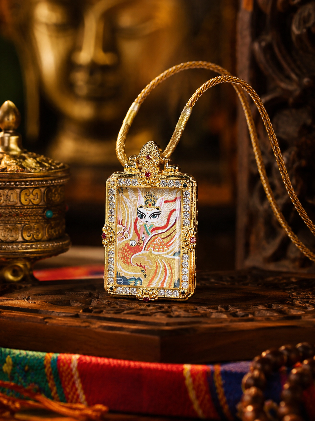 Front view of the Fox Immortal pendant, with the cord looped above its ornamental frame