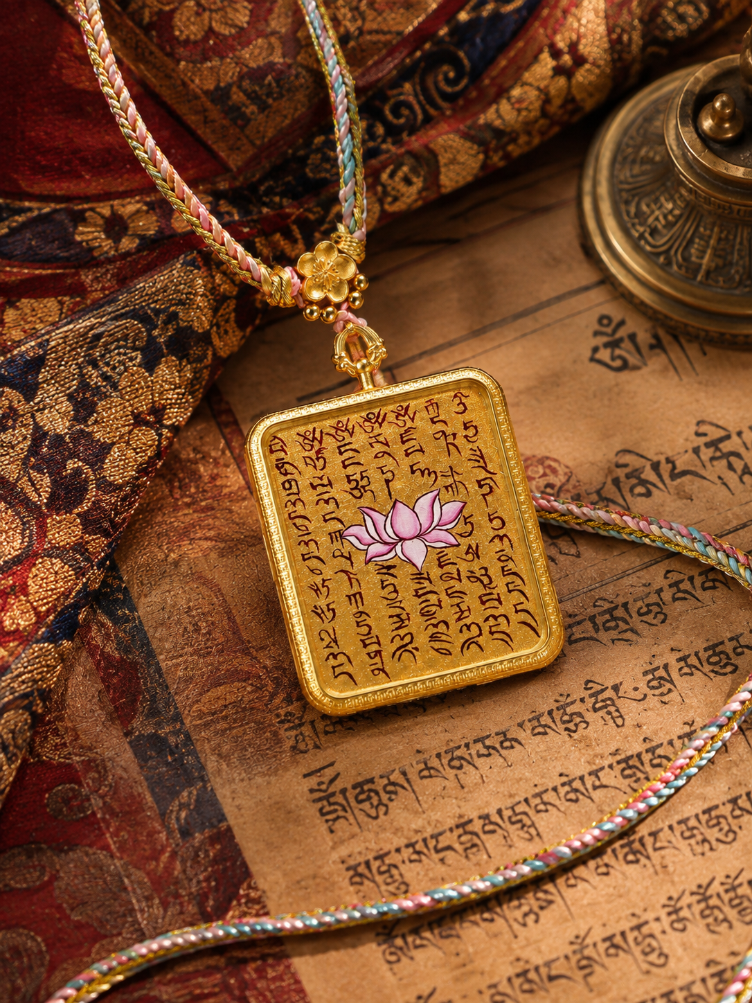 Lotus Sutra pendant with a pink lotus surrounded by painted script on a golden ground