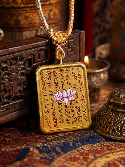 Lotus Sutra pendant displayed against carved wood, with its braided cord and decorative bead