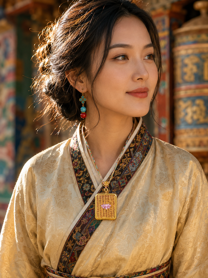 Lotus Sutra pendant worn over a pale gold top, showing the pink lotus at its center