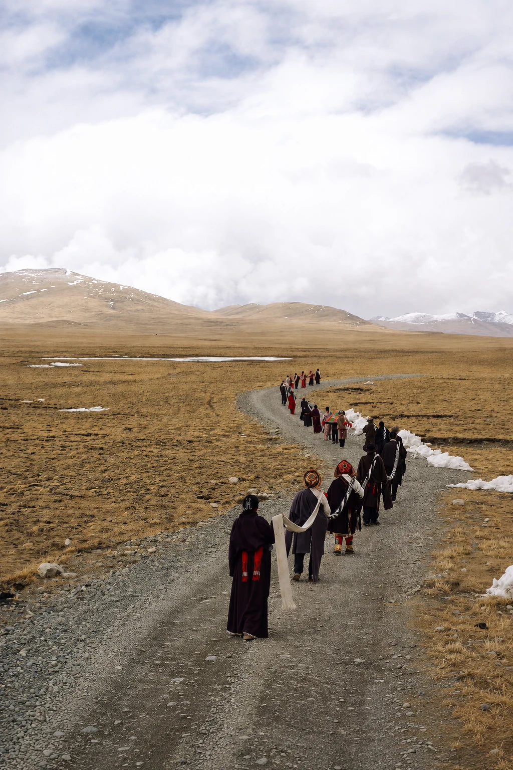 Pilgrims crossing the open Tibetan plateau