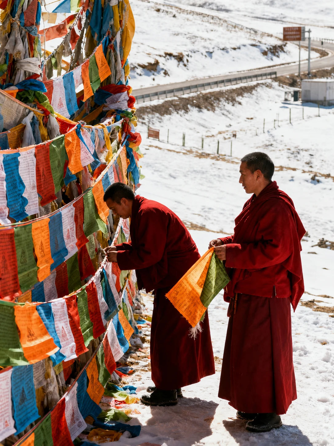 Monastics hanging prayer flags in a snowy landscape