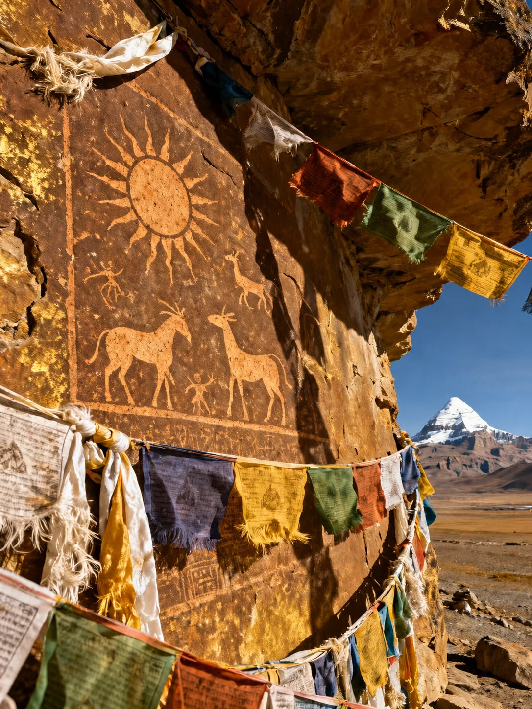 Rock imagery, prayer flags, and a mountain beyond