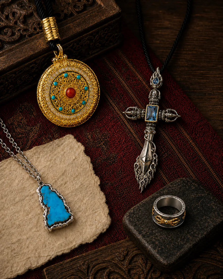Tserra jewelry pieces arranged on natural textiles and wood