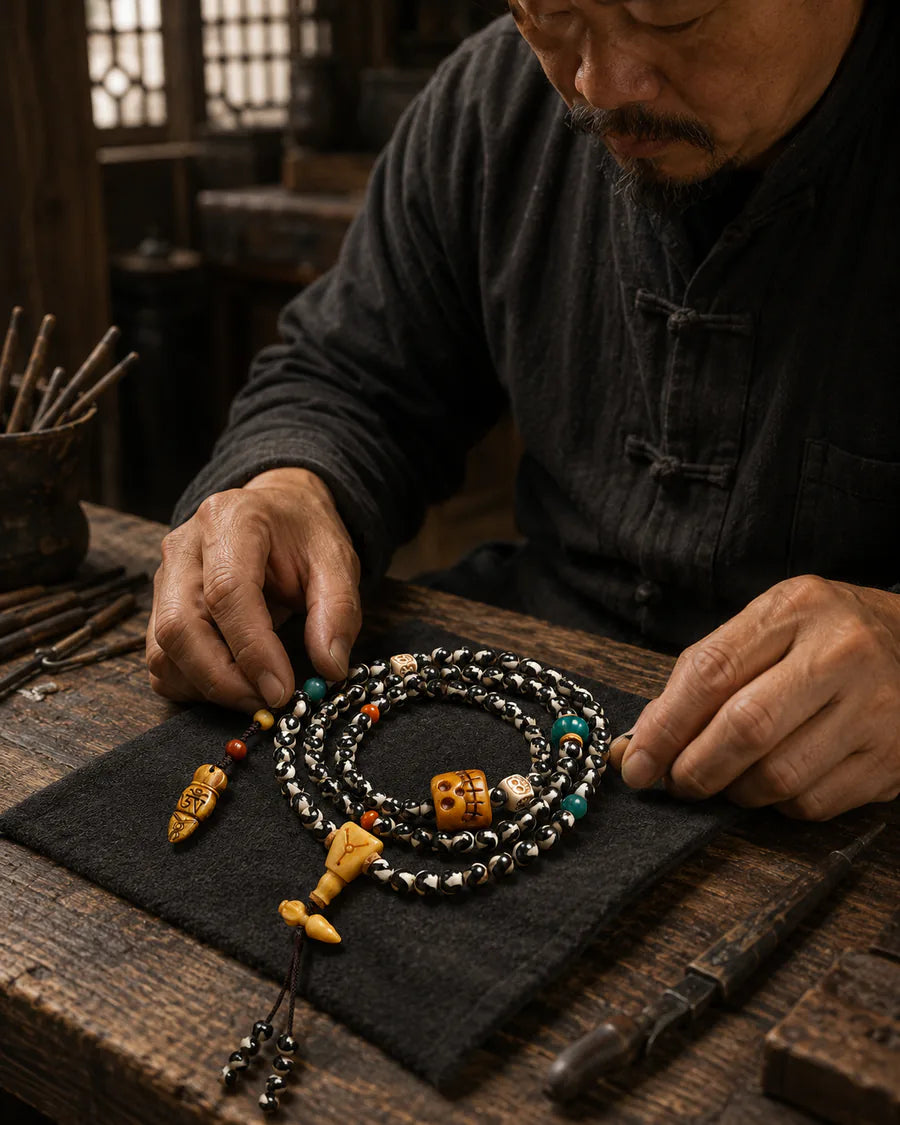 Artisan arranging a Tibetan-inspired mala on a workshop table