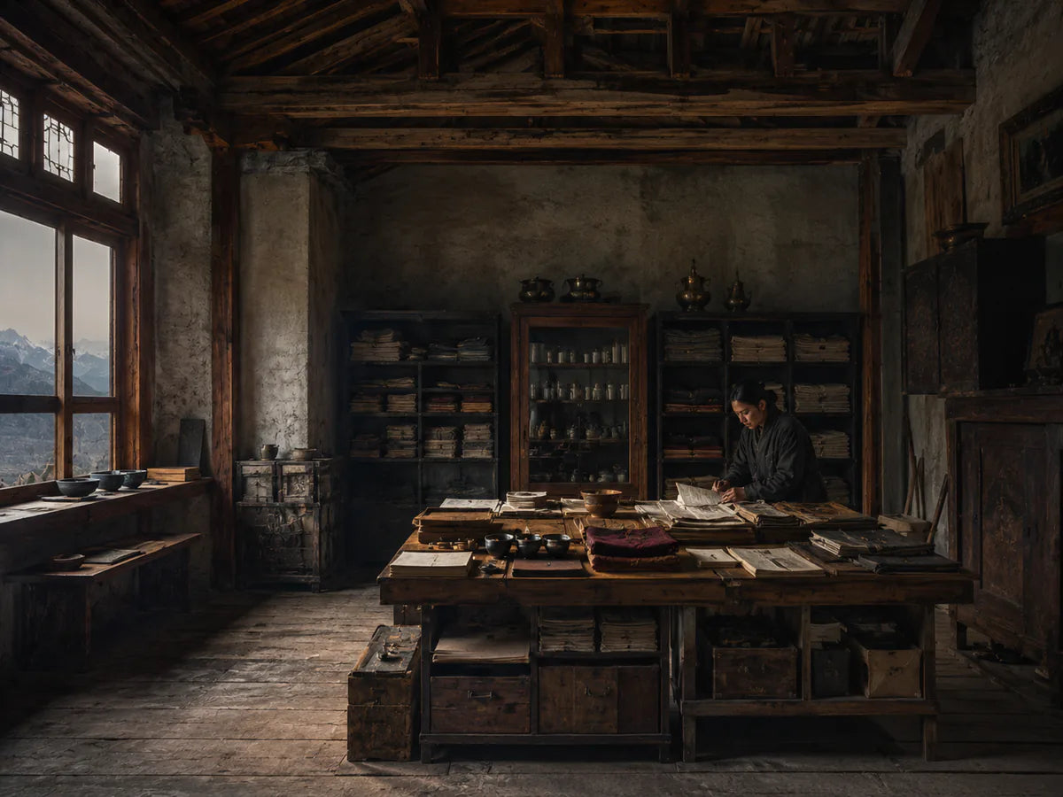 A quiet Tibetan archive and workshop filled with papers, textiles, and vessels
