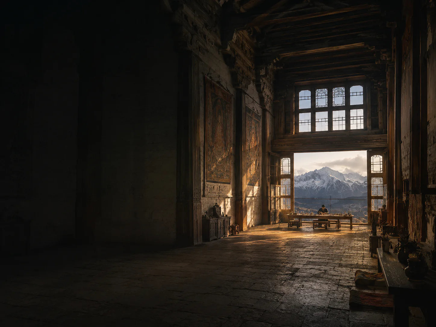 A spacious Tibetan interior opening toward snow-covered mountains