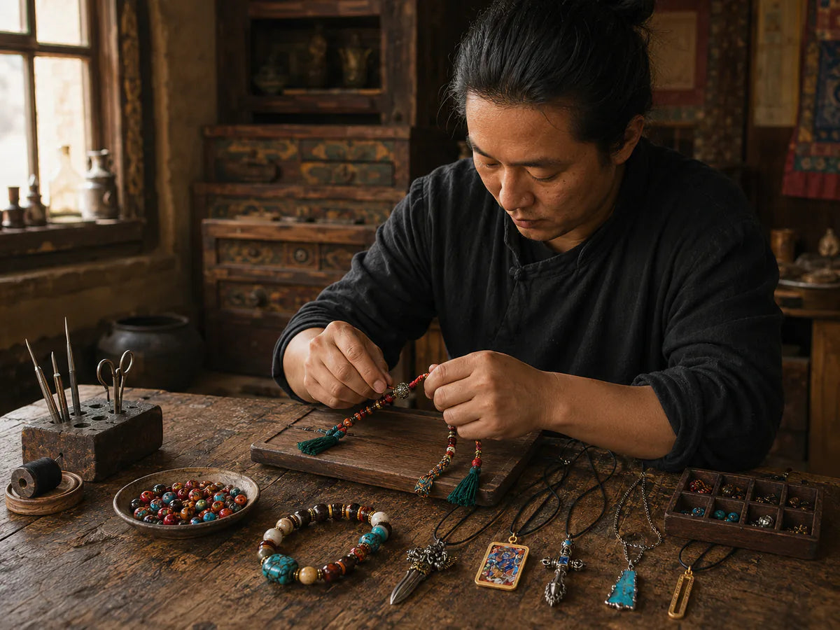 Artisan assembling jewelry and mala pieces at a wooden workbench